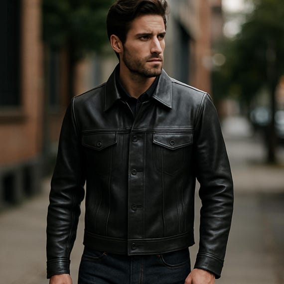 Handmade Cowhide Leather Trucker Jacket: Classic Black or Brown - Etsy