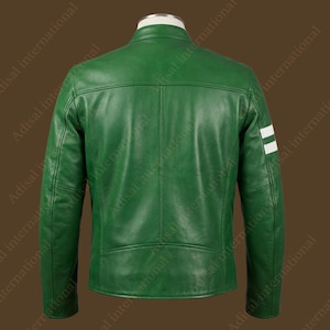 May include: Green leather jacket with a stand-up collar and white stripes on the left sleeve. The back of the jacket is visible, showcasing the stitching details and a streamlined design. The jacket is a vibrant shade of green.