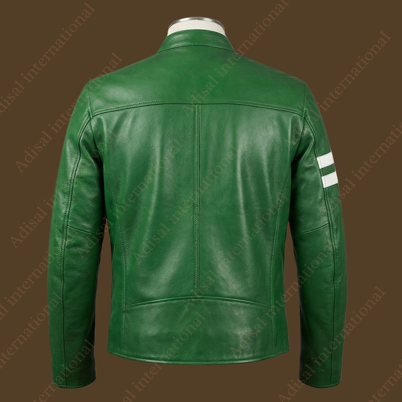 May include: Green leather jacket with a stand-up collar and white stripes on the left sleeve. The back of the jacket is visible, showcasing the stitching details and a streamlined design. The jacket is a vibrant shade of green.