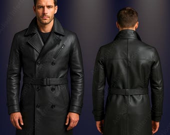 May include: A black leather trench coat with a double-breasted design, a belt, and a notched collar. The coat features a zipper pocket on the chest and is displayed from the front and back views.