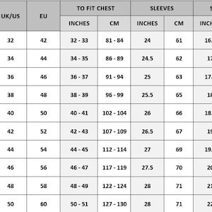 May include: A clothing size chart detailing chest, sleeve, and shoulder measurements in inches and centimetres. Sizes range from XXS to 5XL, with corresponding UK/US and EU sizes for easy reference.