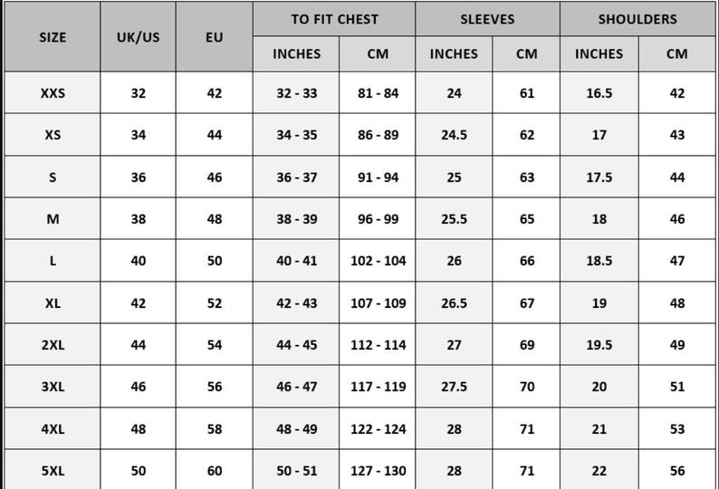 May include: A clothing size chart detailing chest, sleeve, and shoulder measurements in inches and centimetres. Sizes range from XXS to 5XL, with corresponding UK/US and EU sizes for easy reference.