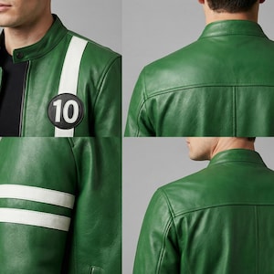 May include: Green leather jacket with a white stripe on the left shoulder and a circular patch with the number 10. The jacket has a stand-up collar and a zipper closure. The back of the jacket is also visible.