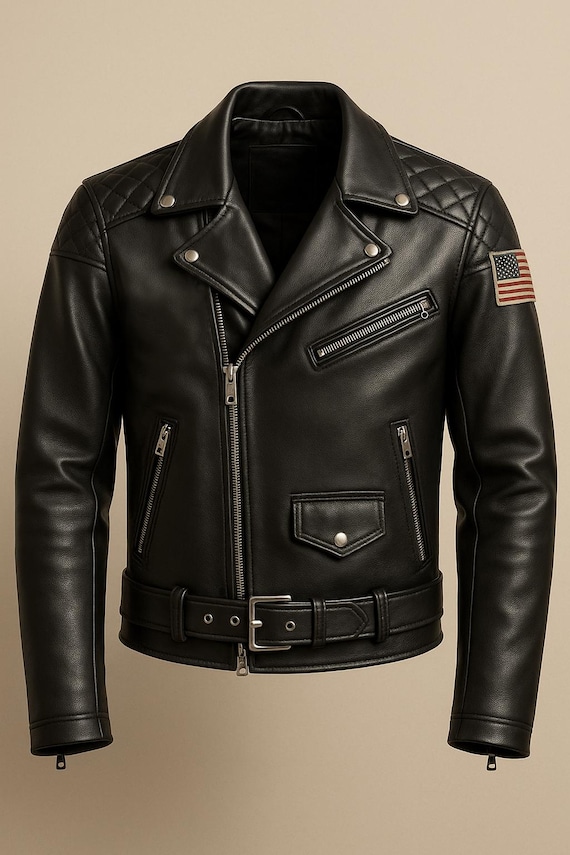 MEN'S Cowhide Leather Biker Jacket: Road Race & American Flag Patches