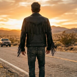 Pu&ograve; includere: Una giacca in pelle nera con lunghe frange sul carr&eacute; posteriore e lungo le maniche, abbinata a jeans in denim grigio scuro. La giacca presenta un colletto classico, un orlo con bottoni e una vestibilit&agrave; strutturata, vista da dietro.