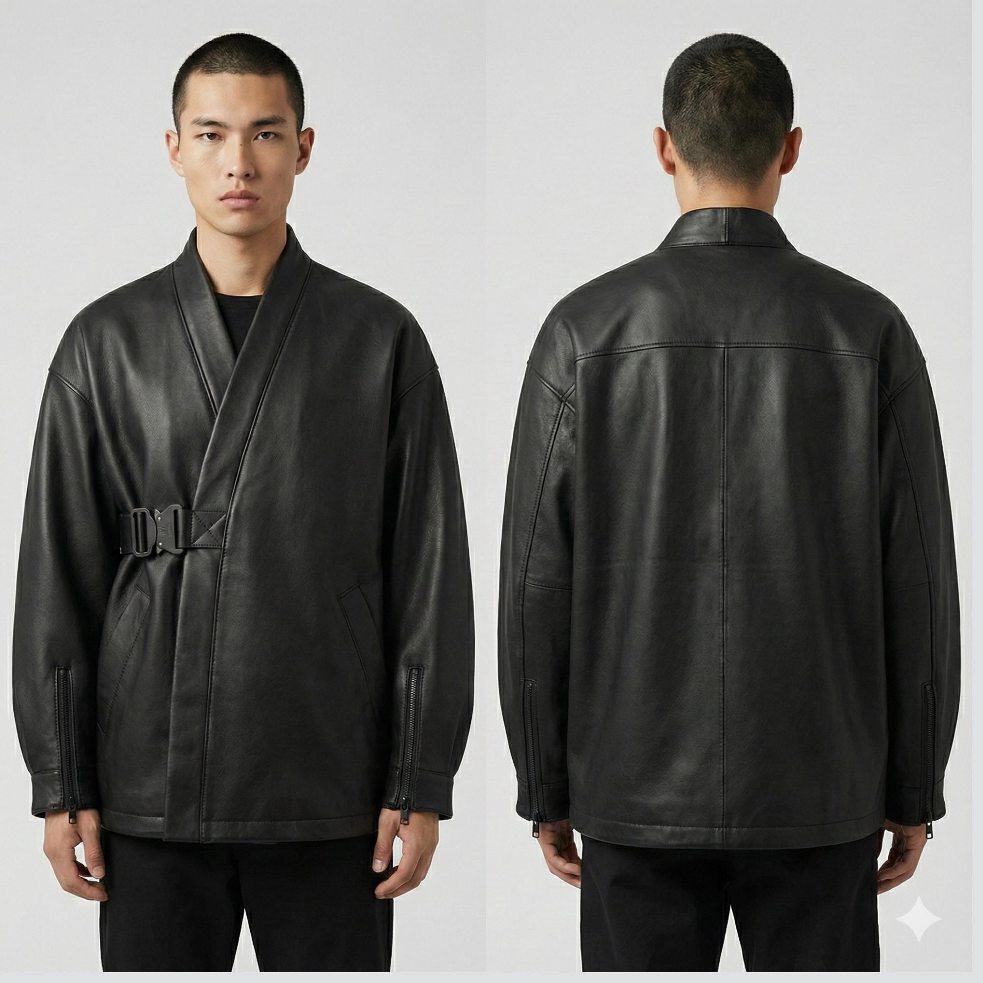 Black Leather Kimono Biker Jacket - Cyber Noragi Streetwear 