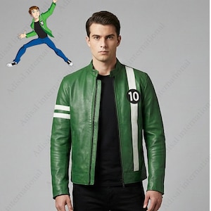 May include: Green leather jacket with white stripes on the sleeve and a white stripe down the front with the number 10. The jacket has a zip closure and a stand-up collar. A cartoon character is in the background.