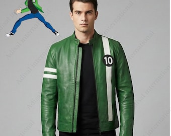 Green/red cowhide Leather Jacket Men | Ben Tennyson Alien Force Cosplay |  Racer Style
