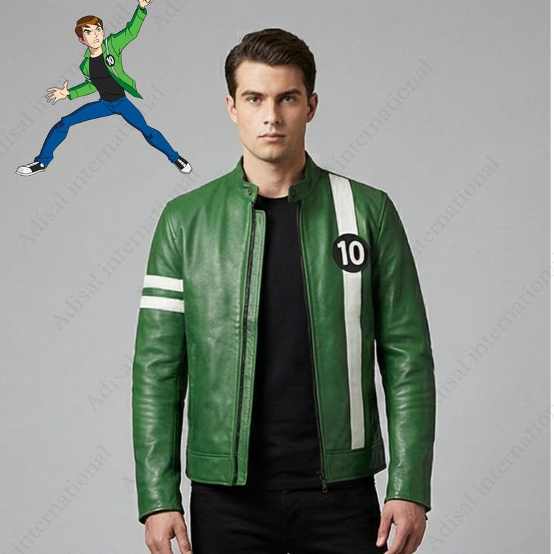 May include: Green leather jacket with white stripes on the sleeve and a white stripe down the front with the number 10. The jacket has a zipper closure and a stand-up collar. A cartoon character is in the background.