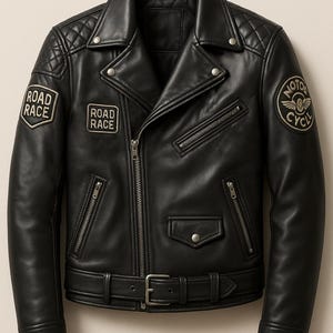 Pu&ograve; includere: Giacca da motociclista in pelle nera con design a spalle trapuntate, multiple tasche con cerniera e cintura in vita. Toppe sul petto e sul braccio con la scritta "ROAD RACE" e "MOTOR CYCLE".