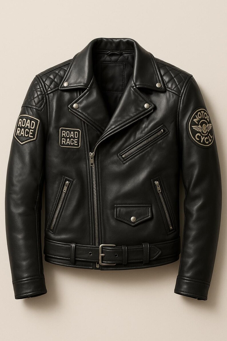 Pu&ograve; includere: Giacca da motociclista in pelle nera con design a spalle trapuntate, multiple tasche con cerniera e cintura in vita. Toppe sul petto e sul braccio con la scritta "ROAD RACE" e "MOTOR CYCLE".