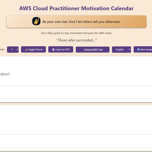 Könnte beinhalten: Ein digitaler Kalender mit dem Titel "AWS Cloud Practitioner Motivation Calendar" mit täglichen Aktivitäten, um motiviert zu bleiben und die AWS-Prüfung zu bestehen. Der Kalender enthält Abschnitte für Montag und Dienstag mit Aufforderungen zum Journaling und zum Ansehen von Motivationsvideos.