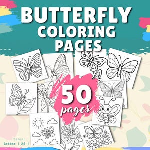 Może przedstawiać: Obrazek z kolorowankami z motylami. Widoczny jest tekst "BUTTERFLY COLORING PAGES" i "50 pages". Strony zawierają różne wzory motyli, słońce, chmury i kwiaty. Widoczne są również słowa "Digital Download" i "Letter | A4".