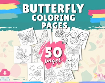 50 Butterfly Coloring Pages for Kids, Insects, Bugs, Butterfly Coloring Sheets, Cute Activity, Butterfly Unit Study,Coloring Book Printables