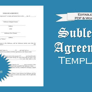 Könnte beinhalten: Eine Untermietvertragsvorlage im PDF- und Word-Format. Das Dokument hat einen weißen Hintergrund mit blauen Akzenten und enthält ausfüllbare Felder. Der Text rechts lautet "Untermietvertrag Vorlage". Digitaler Download verfügbar.