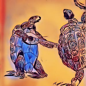 Op de afbeelding: Artistieke illustratie van twee schildpadden. Eén speelt een snaarinstrument, de ander lijkt te dansen. De schildpadden hebben blauwe, bruine en rode schildpatronen tegen een gele achtergrond.
