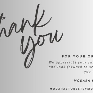 a message that reads "Thank you" in a cursive font, followed by "For your order We appreciate your support and look forward to serving you again" in a smaller font. The text is written in a black and white color scheme. The image also includes the Modara Shirt logo and the email address for Modarastorereets@gmail.com.