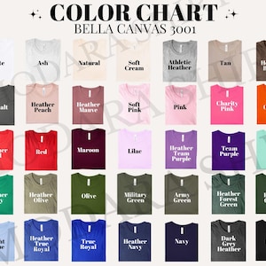 The image is a color chart for a collection of t-shirts, displaying various colors and their corresponding names.