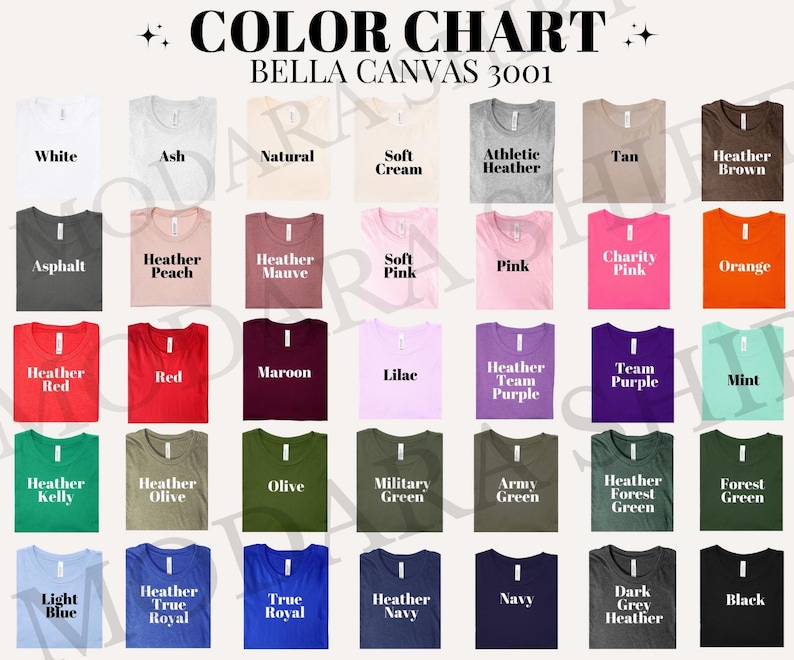 The image is a color chart for a collection of t-shirts, displaying various colors and their corresponding names.