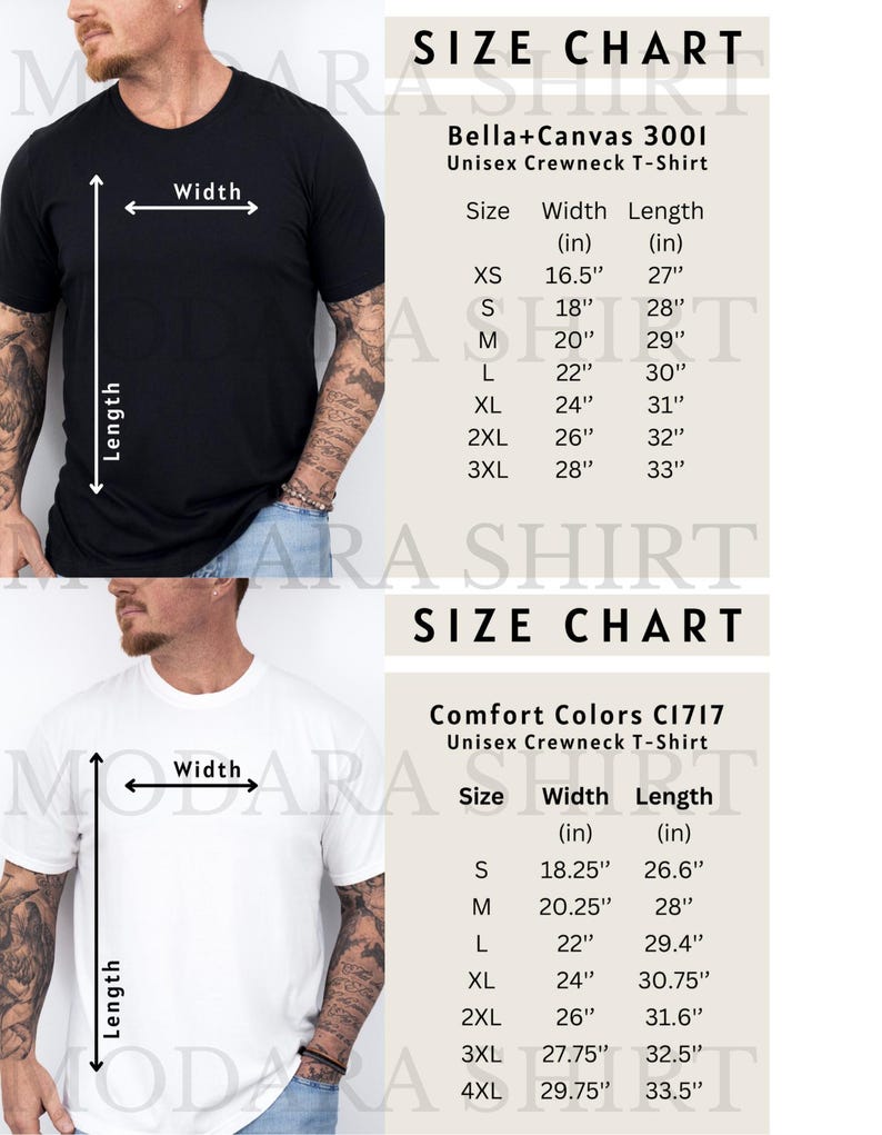 The image is a size chart for a crewneck t-shirt, displaying the measurements for different sizes.