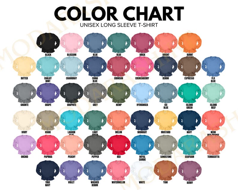 The image is a color chart for a long sleeve t-shirt, displaying various colors and their corresponding names.