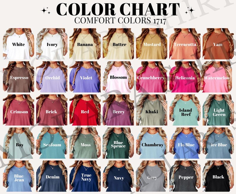The image is a color chart displaying various comfort colors from 1717, with each color represented by a different image of a person wearing that color.