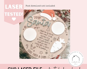 May include: A wooden Dear Santa plate with a Santa hat, two white circles, and a carrot. The plate has the text "Thanks for visiting our home tonight, on this Christmas Eve so merry & bright!" and "Love, Laila & Liam".