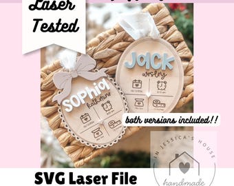 May include: Two oval wooden baby stat ornaments featuring laser-cut details. One displays the name Sophia, the other Jack. Both include birth date, time, weight in pounds and ounces, and length in inches, with white ribbon hangers.