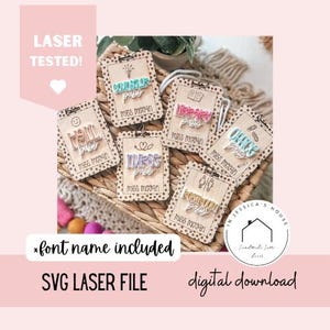 May include: A collection of laser-cut wooden school passes, each with a different title in colourful text, such as "Hall Pass" and "Library Pass." The passes are labelled "Miss Morgan." The image also includes the text "SVG Laser File" and "digital download."