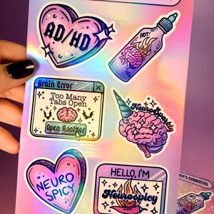 Neurodivergent ADHD Awareness Stickers | Mental Health Sticker Sheet | Brain Error Decals | Glossy & Holographic | Neurospicy Aesthetic