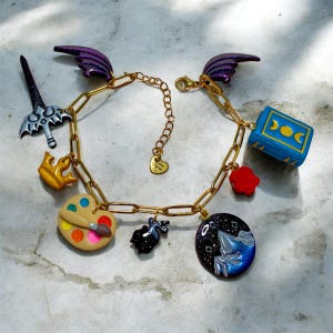 Fantasy Charm Bracelet Handmade Polymer Clay | Bookish Reader Jewelry Romantasy Fae Court, Bat Wings, & Starry Mountain Charms | Reader Gift