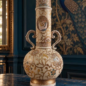 May include: A tall ceramic vase with a cream-colored base, featuring intricate gold and blue floral patterns, a textured surface, and two ornate handles. The neck displays a circular medallion, while the base is finished with a gold band.