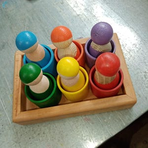 Montessori Rainbow Peg Dolls with Cups: Wooden Sorting Toy Set