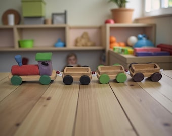 Handmade Wooden Train Set, 41cm Long Toy Train with 3 Cars, Montessori Toddler Toy, Colorful Engine, Natural Wood Cars, Eco Friendly Gift