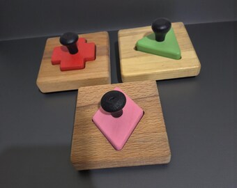 Wooden Knob Puzzle Set, 3 Piece Geometric Shapes, Montessori Toddler Toy, Educational Learning, 10x10cm First Puzzle, Shape Sorter