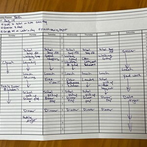 May include: A handwritten weekly planner labelled "My Weekly Planner Beth" with daily schedules from Sunday to Saturday. The planner includes time slots from 6:00 AM to 9:30 PM, with various activities noted in black ink.