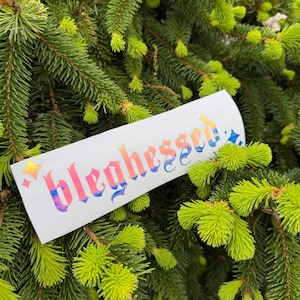 May include: A white sticker with the word "bleghesse" in a colorful, stylized font. The text transitions from pink to orange to blue. The sticker is decorated with star and swirl accents, set against a backdrop of green pine needles.