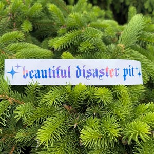 May include: A white sticker with the words "beautiful disaster pit" in a gradient of blue, purple, and pink. The sticker is set against a backdrop of green pine needles.