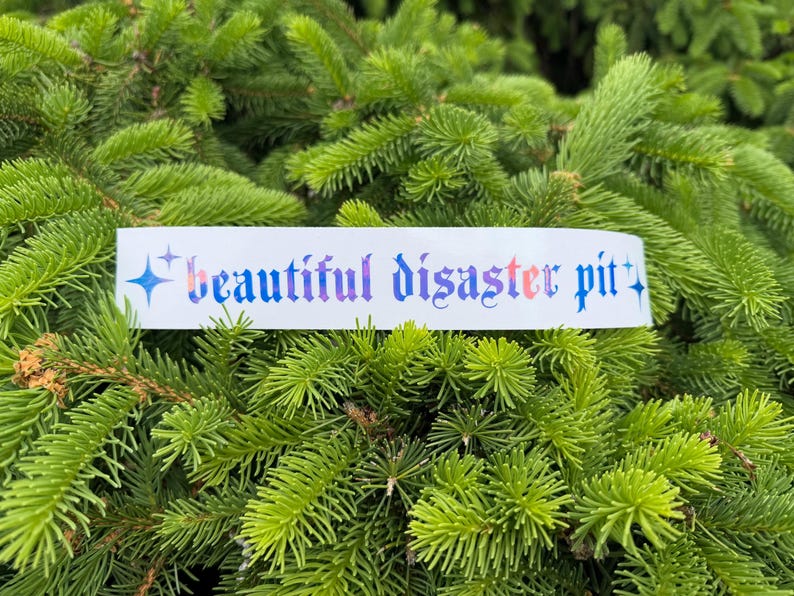May include: A white sticker with the words "beautiful disaster pit" in a gradient of blue, purple, and pink. The sticker is set against a backdrop of green pine needles.