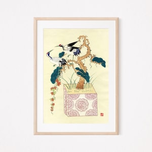 Kraniche und Kiefer, koreanische Malerei, koreanische Kunst, traditionelle asiatische Wandkunst, digitaler Download, druckbares Dekor