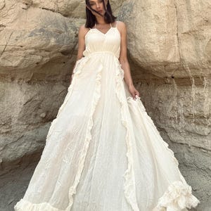 Cream Ruffled Maxi Dress with Spaghetti Straps – Boho Flowy Crinkle Cotton Summer Dress for Women