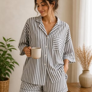 Puede incluir: Conjunto de pijama a rayas grises y blancas, que incluye una camisa con botones y bolsillo en el pecho y pantalones cortos. El conjunto está hecho de una tela suave y tiene un ajuste relajado. La persona sostiene una taza beige.