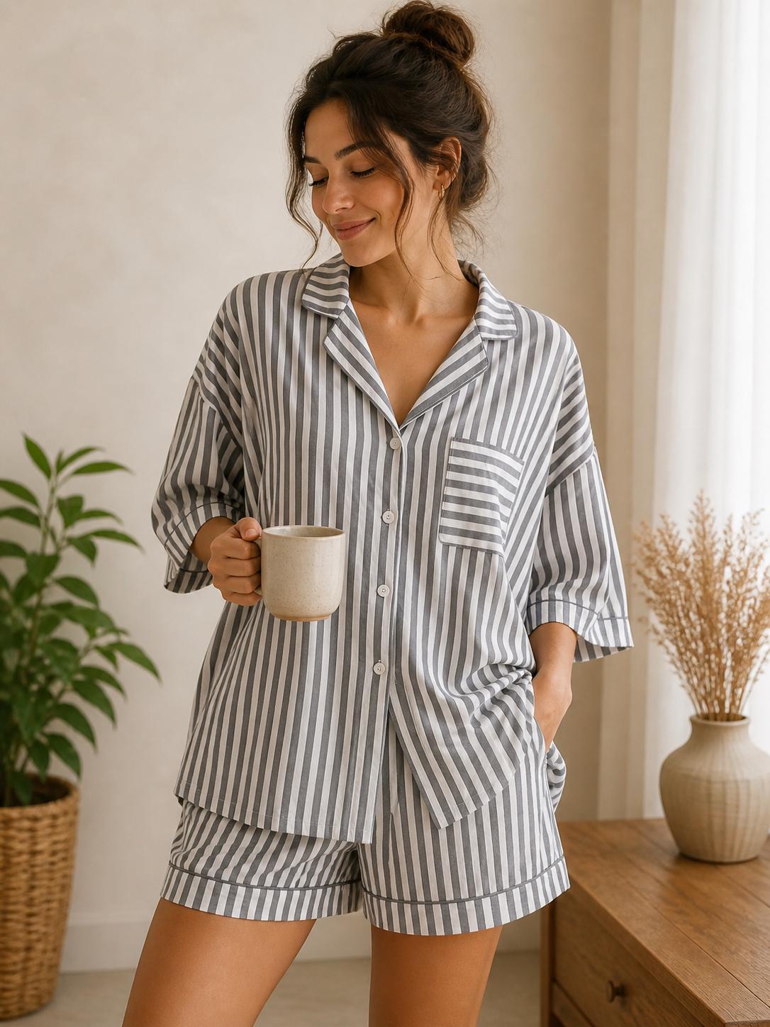 Grey Stripe Pajama Set Women Cotton Blend Lounge Set Button Down Short Pajamas Minimal Sleepwear Relaxed Summer PJs