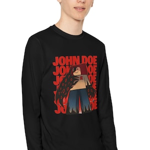 John Doe inspired forsaken, roblox game, horror Tee gamers character graphic Youth Long Sleeve Tee,cartoon figure, stacked name background