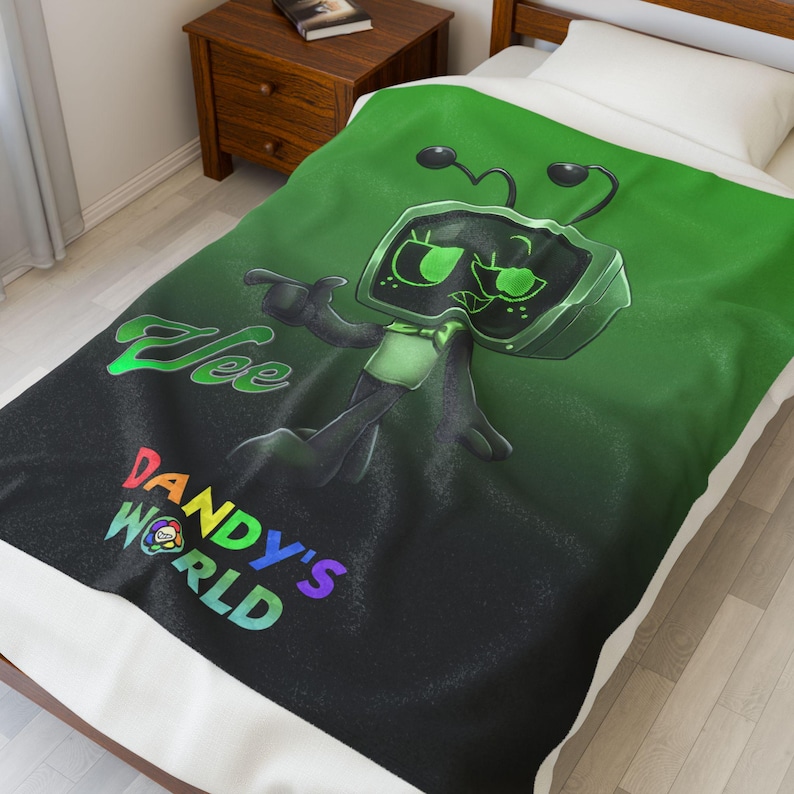 Vee dandys inspired skin Dandy s World green Vibrant, tv robot cartoon for kids Velveteen Plush Blanket, Gift for XMAS image 4