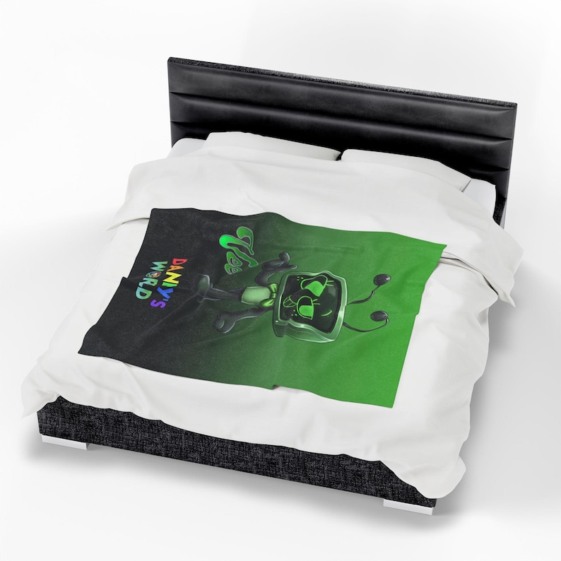 Vee dandys inspired skin Dandy s World green Vibrant, tv robot cartoon for kids Velveteen Plush Blanket, Gift for XMAS image 7