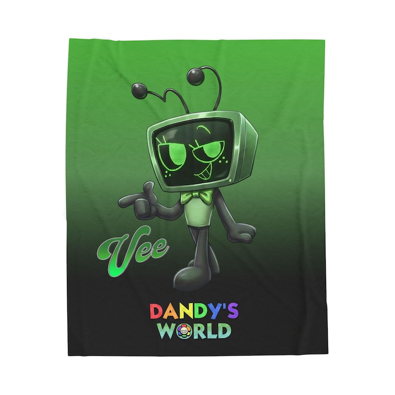 Vee dandys inspired skin Dandy s World green Vibrant, tv robot cartoon for kids Velveteen Plush Blanket, Gift for XMAS image 2