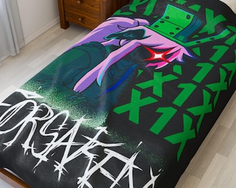 May include: A black and green graphic blanket featuring a stylized anime character with pink hair and a green hat. The blanket has the word "FORSAKEN" in white and green "X1X" patterns.