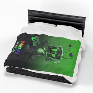 Vee dandys inspired skin Dandy s World green Vibrant, tv robot cartoon for kids Velveteen Plush Blanket, Gift for XMAS image 12