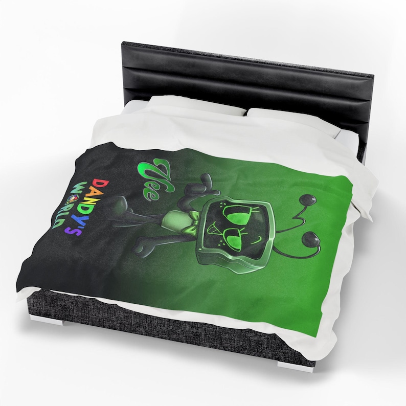 Vee dandys inspired skin Dandy s World green Vibrant, tv robot cartoon for kids Velveteen Plush Blanket, Gift for XMAS image 12